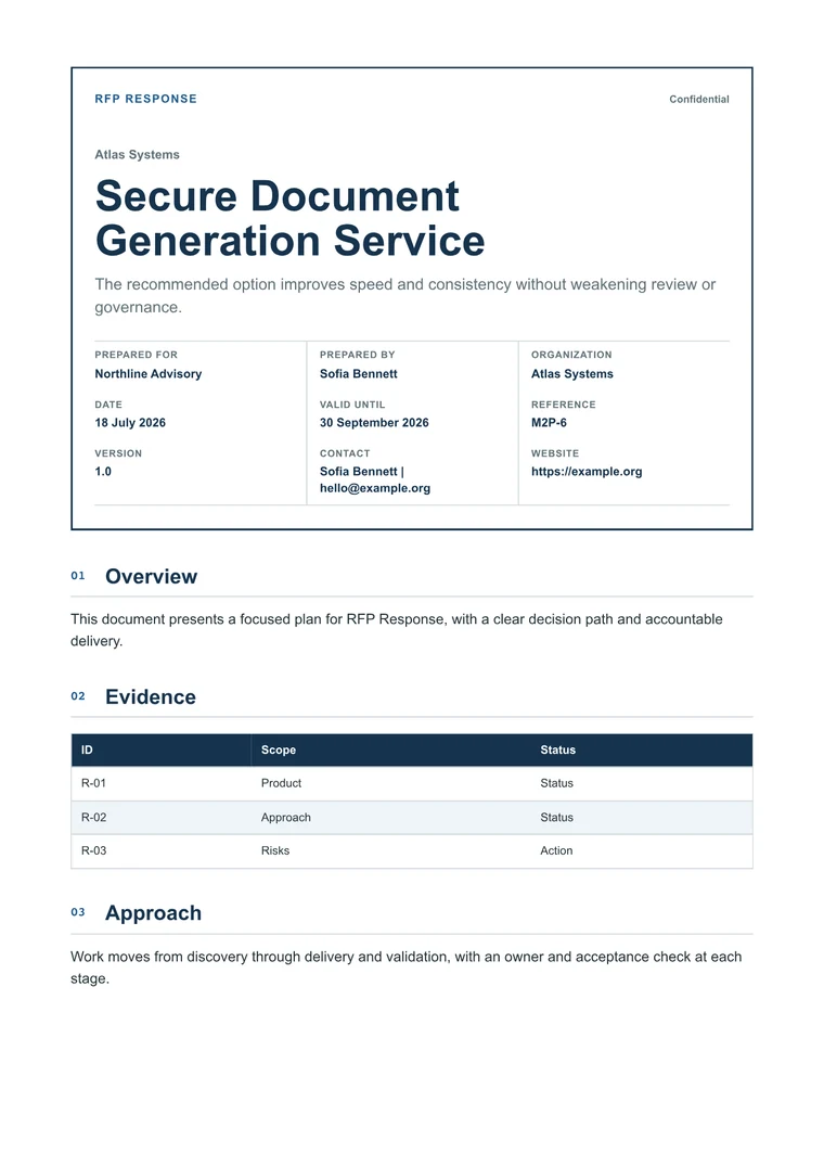 Rendered RFP Response PDF with compliance matrix, approach, security, and pricing