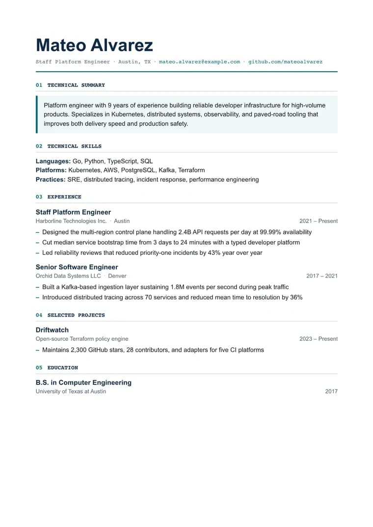 Rendered Technical Grid resume PDF with precise engineering typography