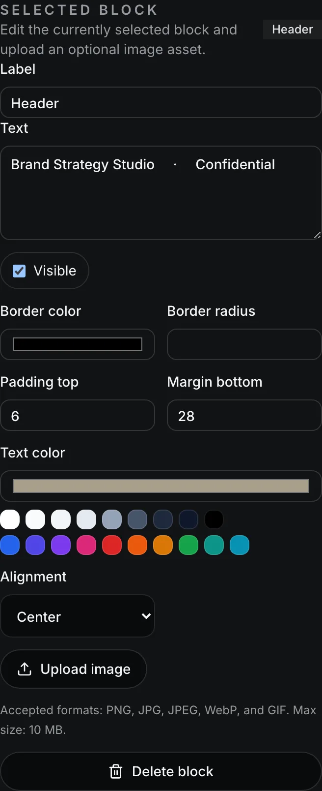 The Selected block panel for the header, showing the new Text color swatches and a Center alignment control.