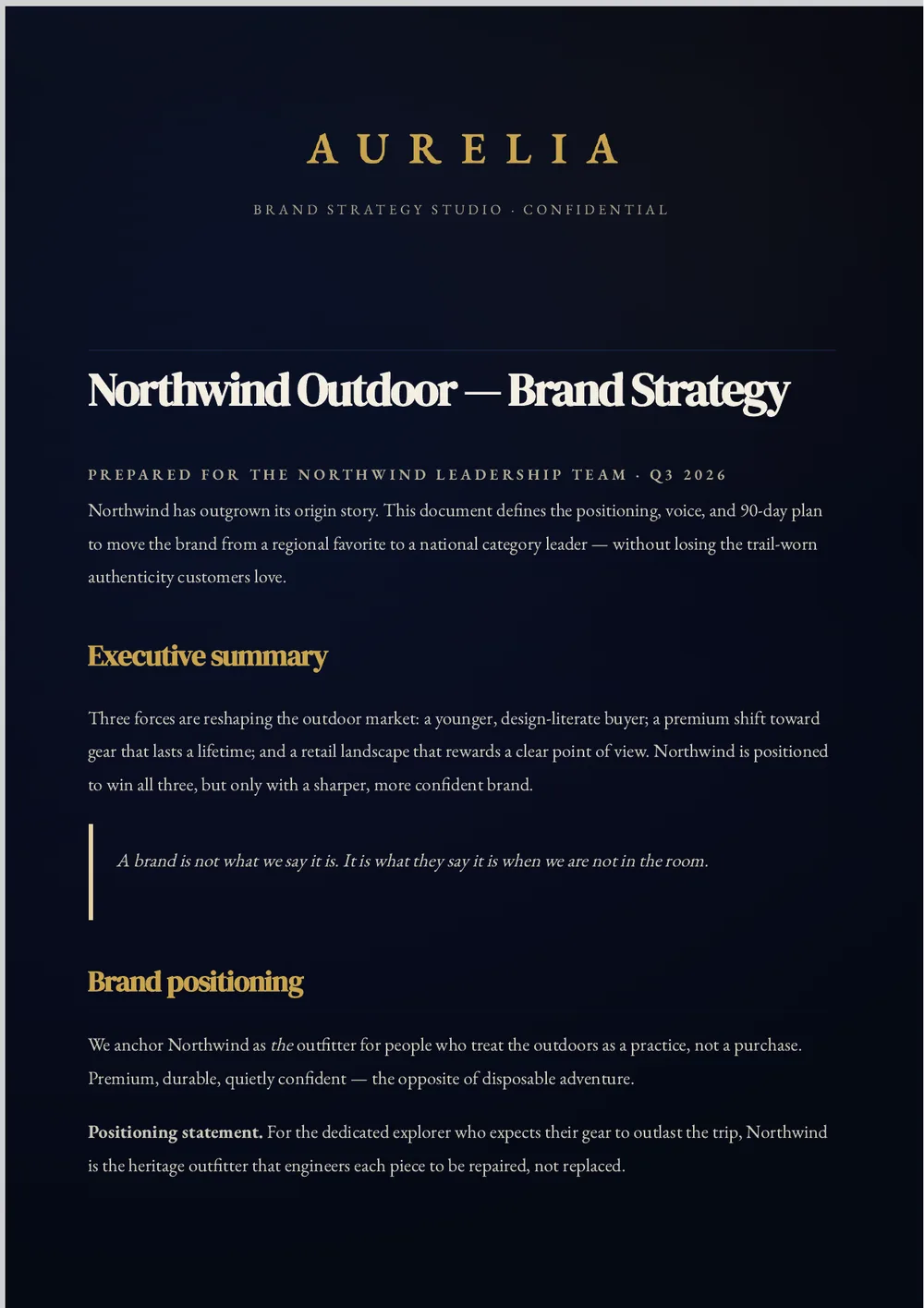 A finished Aurelia brand-strategy report: a deep navy full-bleed page with a gold AURELIA wordmark, serif headings, and a cream body.